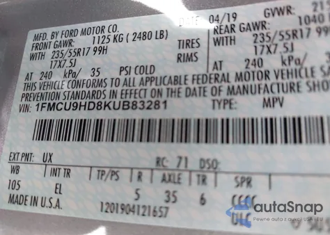 2019 Ford Escape Sel from USA, damaged, VIN 1FMCU9HD8KUB83281